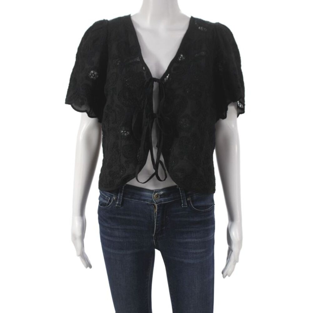 Nation Los Angeles Women Cropped Floral VNeck Black Blouse Short Sleeve Size XS